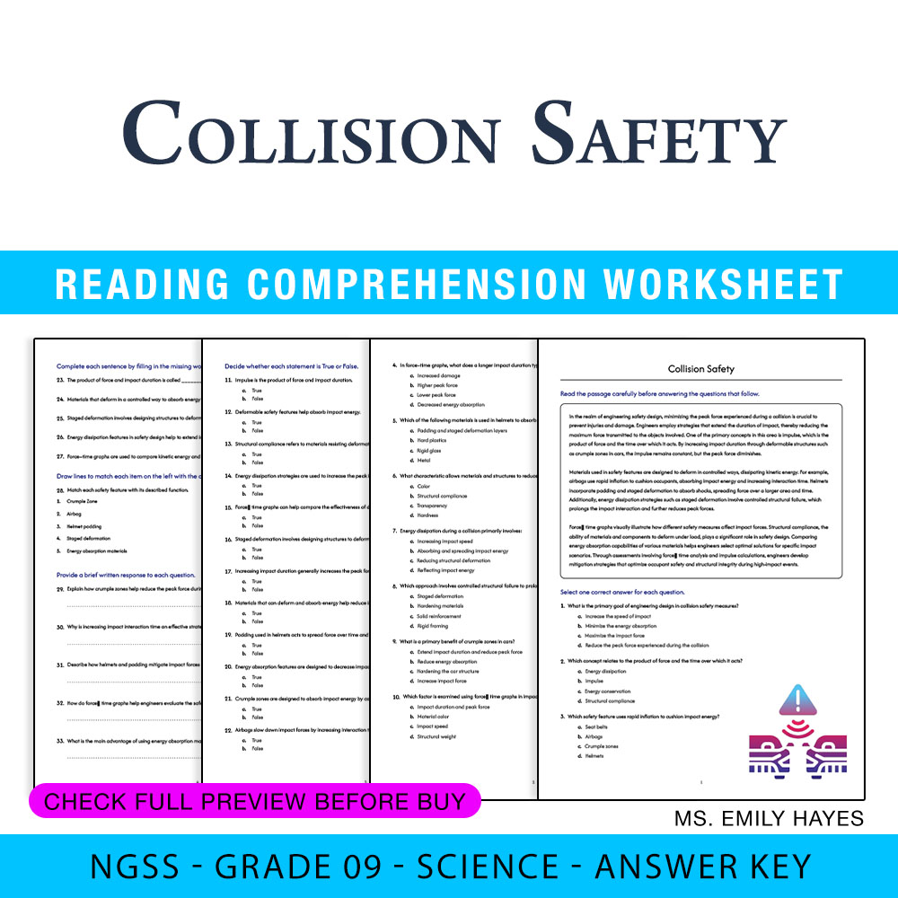 Grade 9 Science worksheet worksheet — Grade 9 Science | Collision Safety Worksheet (PDF+ Answer Key) — page 1