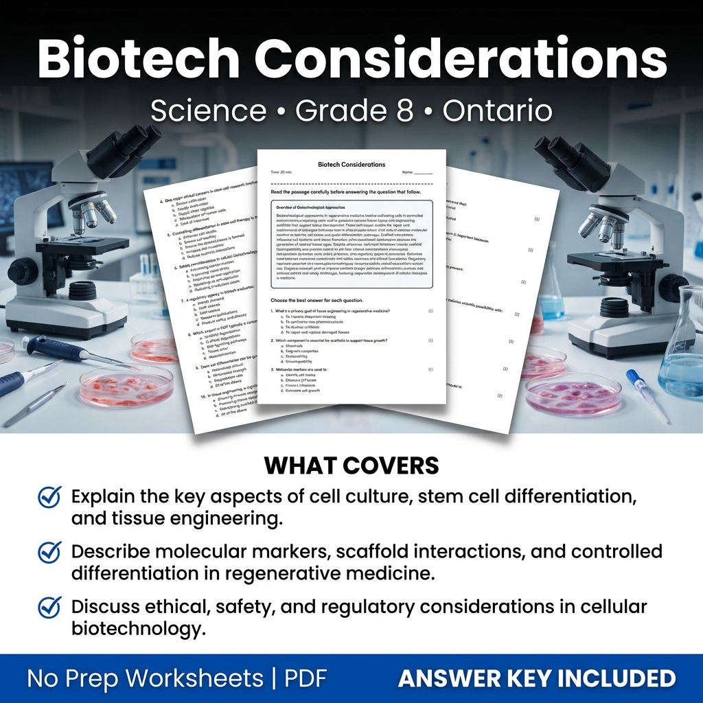 Grade 8 Science Worksheet on Biotech Considerations | Ontario Standards