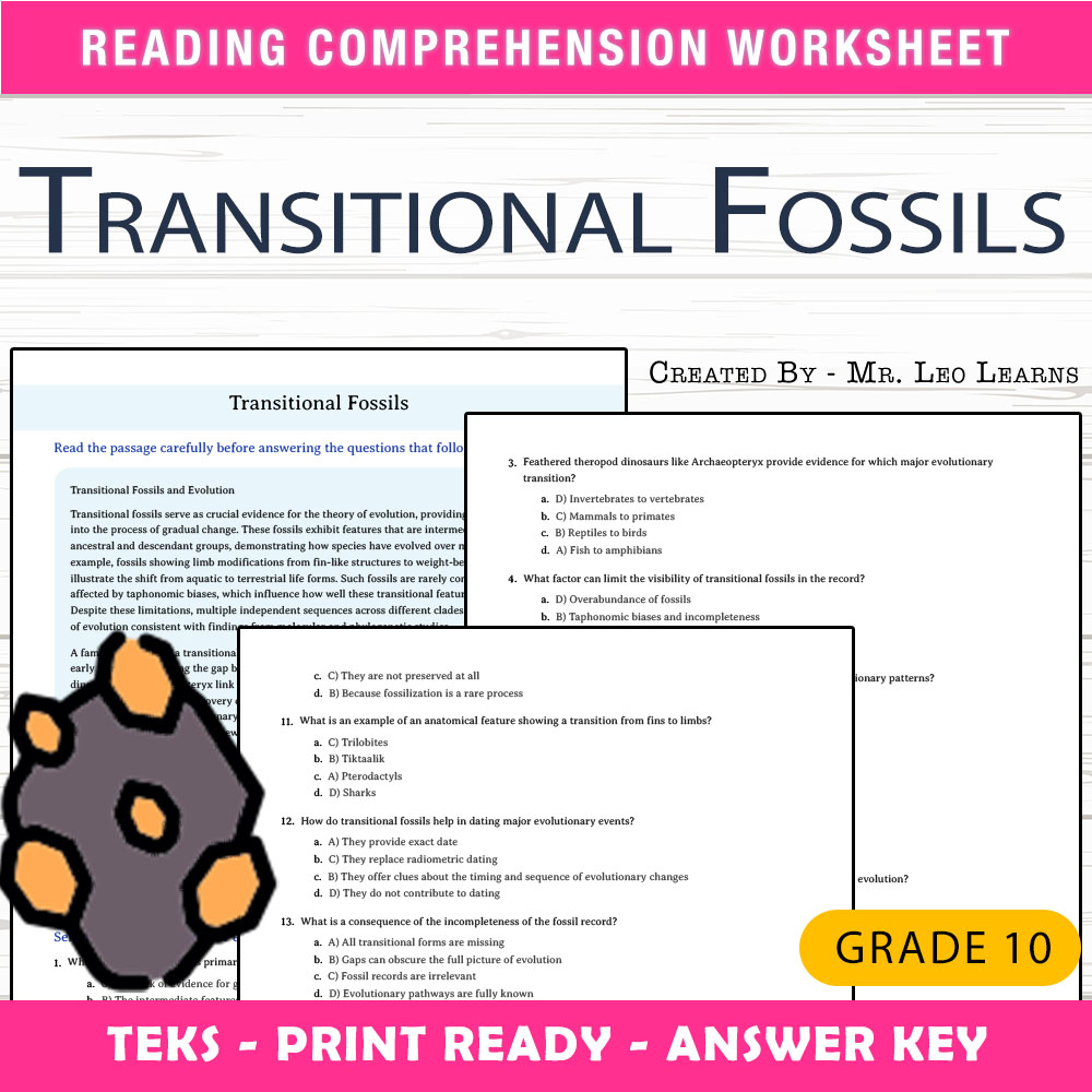 Grade 10 Science worksheet worksheet — Grade 10 Science — Transitional Fossils Worksheet for Mastery — page 1