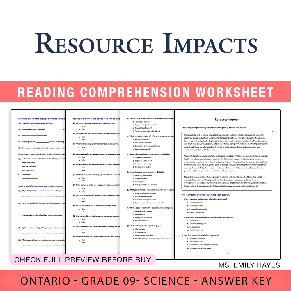 Grade 9 Science worksheet worksheet — 9th Grade Science | Resource Impacts Worksheet (PDF + Answer Key) — page 1
