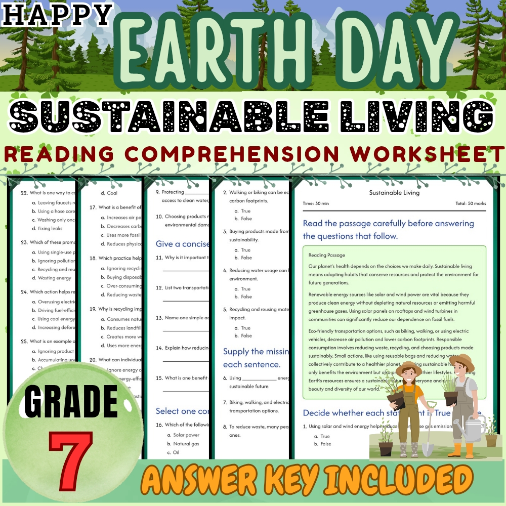 Grade 7 Seasonal Bundle|Earth Day & Sustainability Worksheets (PDF + Answer Key) — included worksheet 5
