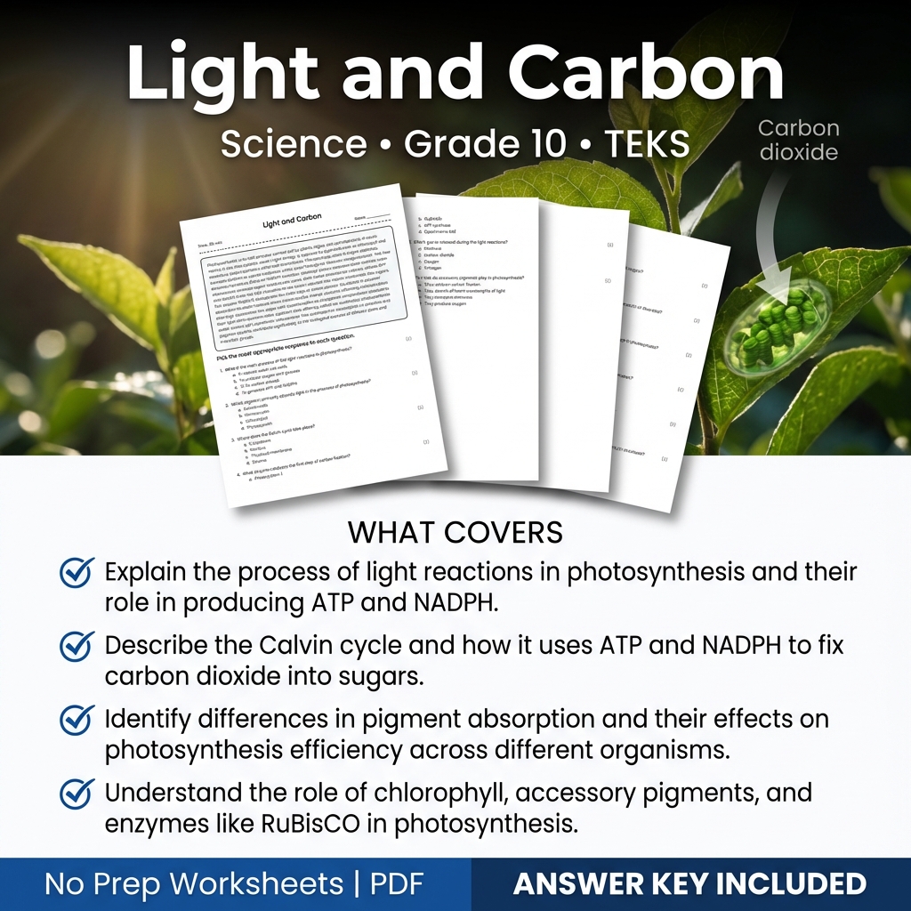 Light and Carbon Science Worksheet | TEKS Grade 10 Practice
