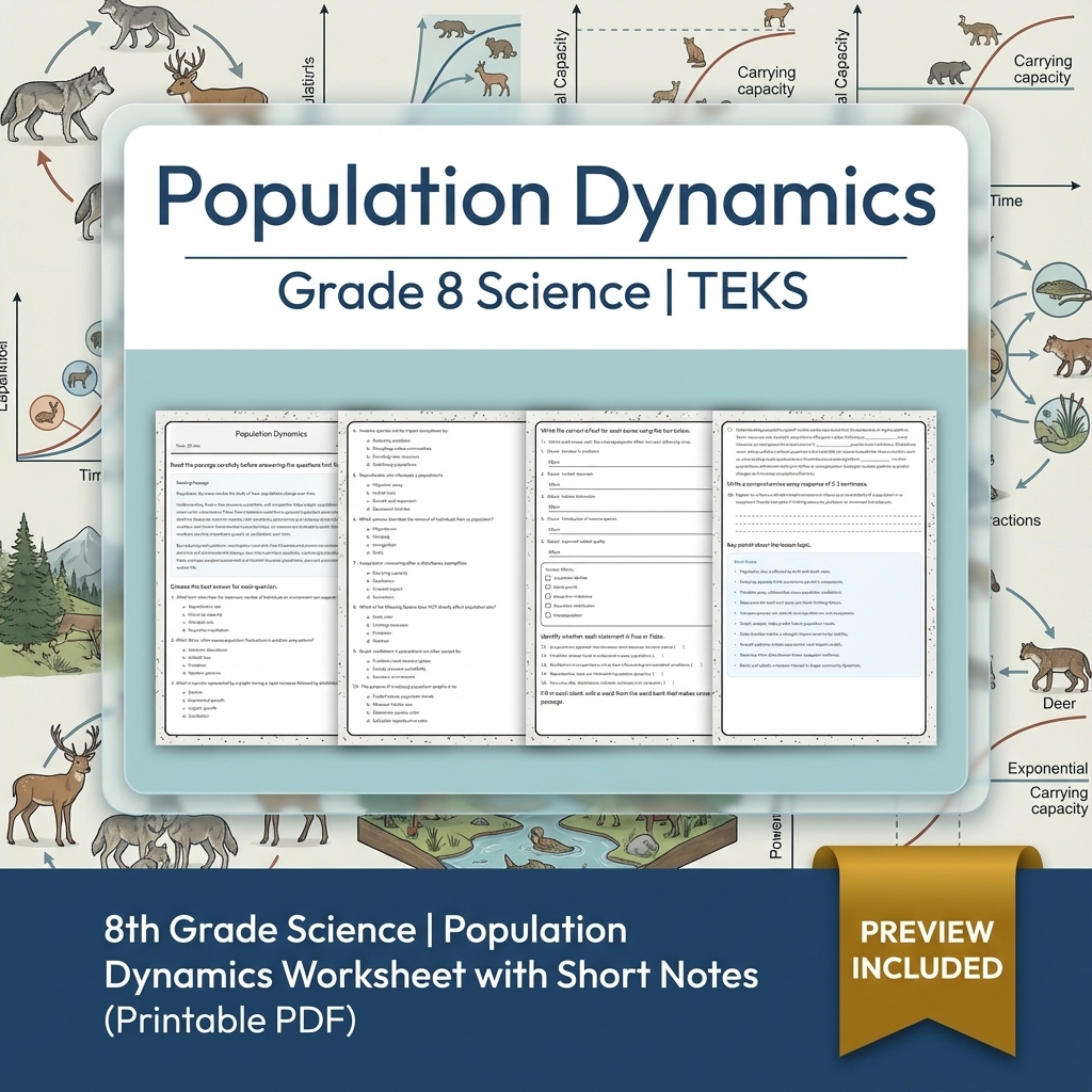 8th Grade Science Population Dynamics Worksheet with Short Notes (Printable PDF)