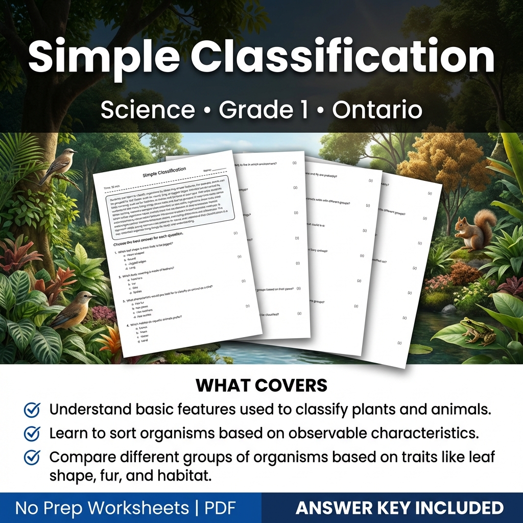 Grade 1 Science Worksheet | Simple Classification | Ontario Standards