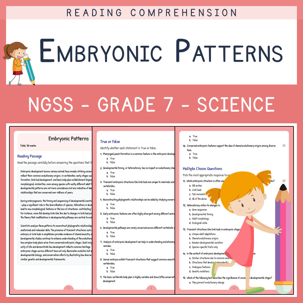 Grade 7 Science worksheet worksheet — Grade 7 Science | Embryonic Patterns Worksheet PDF | NGSS-Aligned — page 1