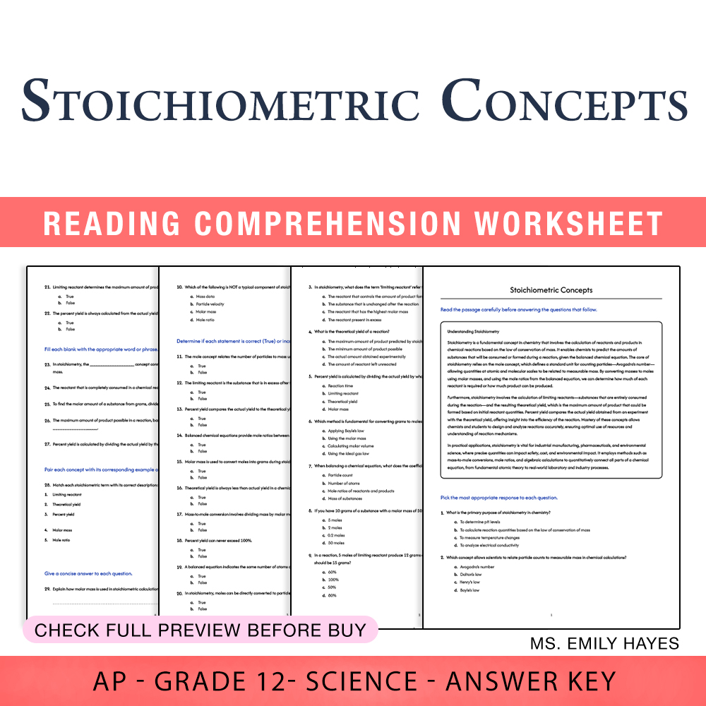 Grade 12 Science worksheet assessment worksheet — 12th Grade Science | Stoichiometric Concepts Worksheet (PDF+ Answer Key)…