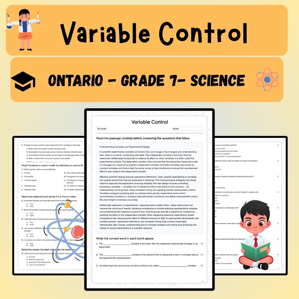Grade 7 Science worksheet worksheet — Grade 7 Science – Variable Control Worksheet (PDF ) – Ontario Standard — page 1