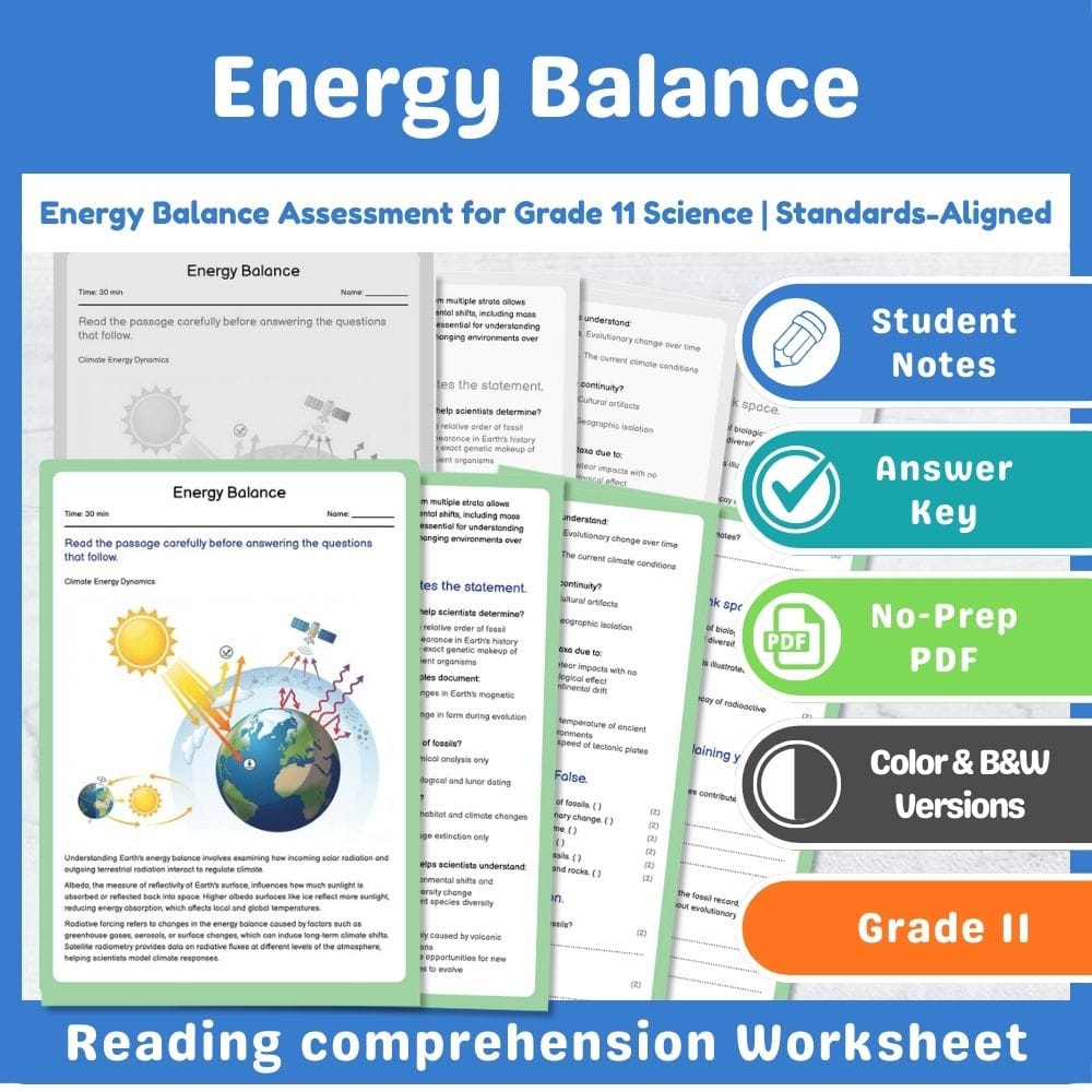 Grade 11 Science assessment worksheet — Energy Balance Assessment for Grade 11 Science | Standards-Aligned — page 1