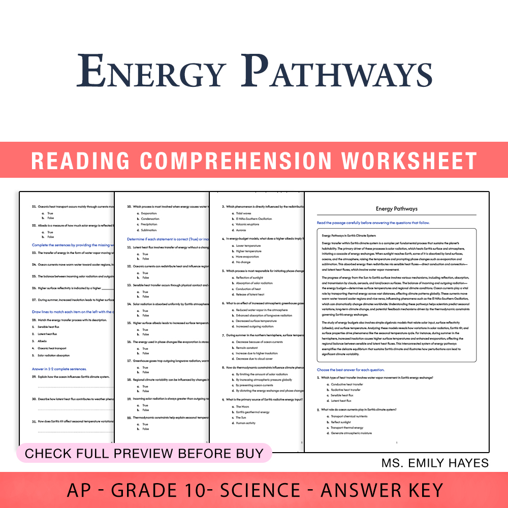 Grade 10 Science worksheet worksheet — 10th Grade Science | Energy Pathways Worksheet (PDF+ Answer Key) — page 1
