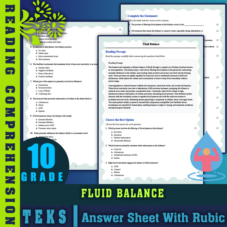 Grade 10 Science reading worksheets worksheet — 10th Grade Science | Fluid Balance Reading Worksheet (PDF + Rubric) — page 1