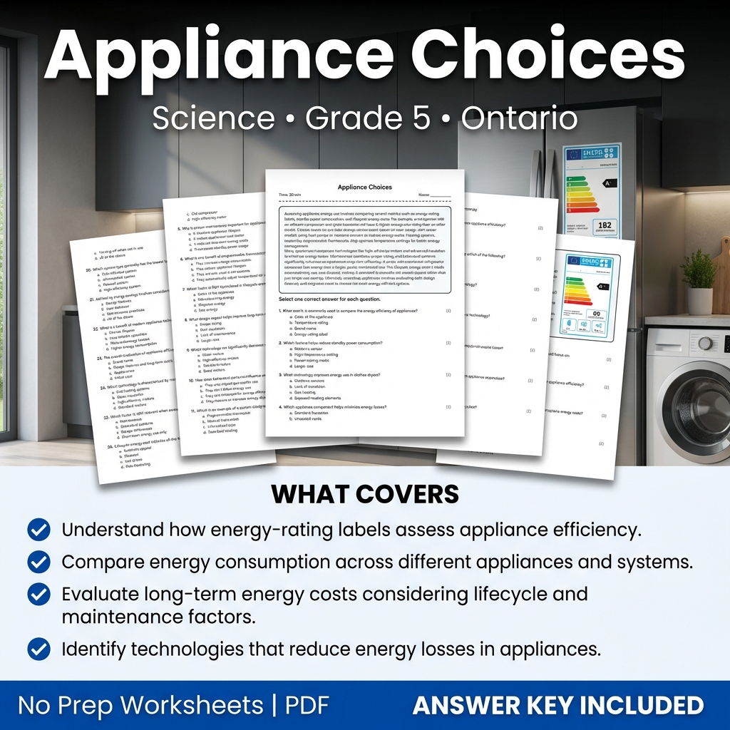 Grade 5 Science Worksheet on Appliance Choices | Ontario Standards