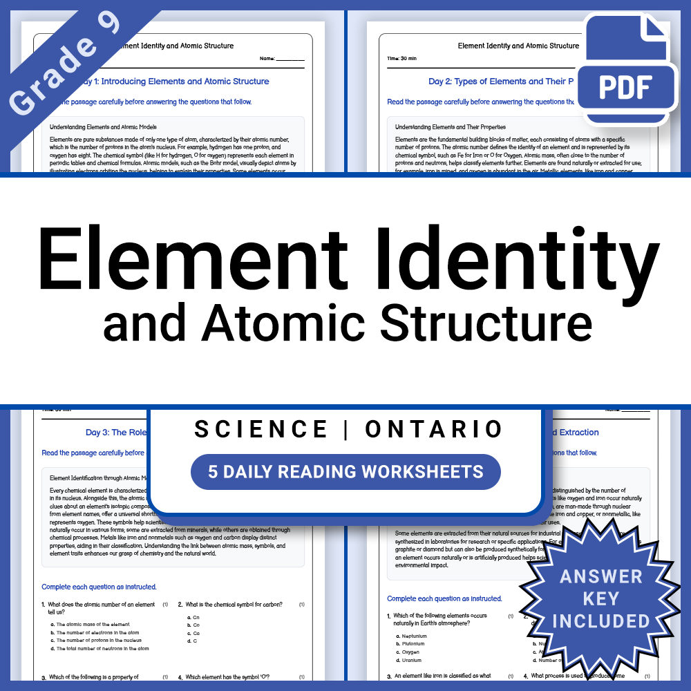 Grade 9 Science Lesson Group: Ontario Curriculum Daily Reading Worksheets — included worksheet 14