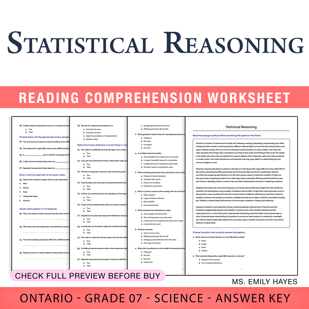 Grade 7 Science worksheet worksheet — 7th Grade Science | Statistical Reasoning Worksheet (PDF+ Answer Key) — page 1