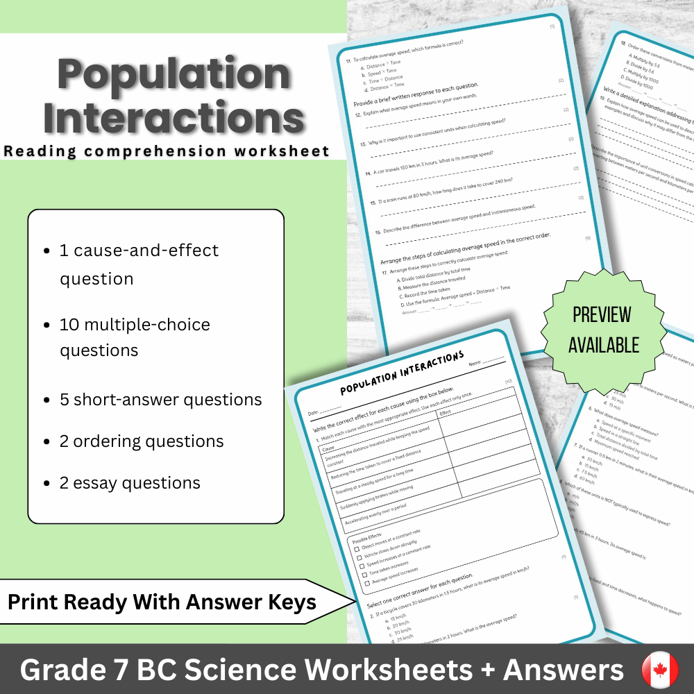 Grade 7 Science | Population Interactions Worksheet (Answer Key) – BC Standards