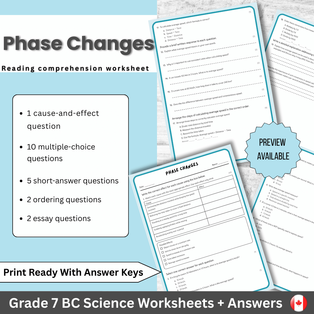 Grade 7 Science | Phase Changes Worksheet + Answer Key (BC Standards)