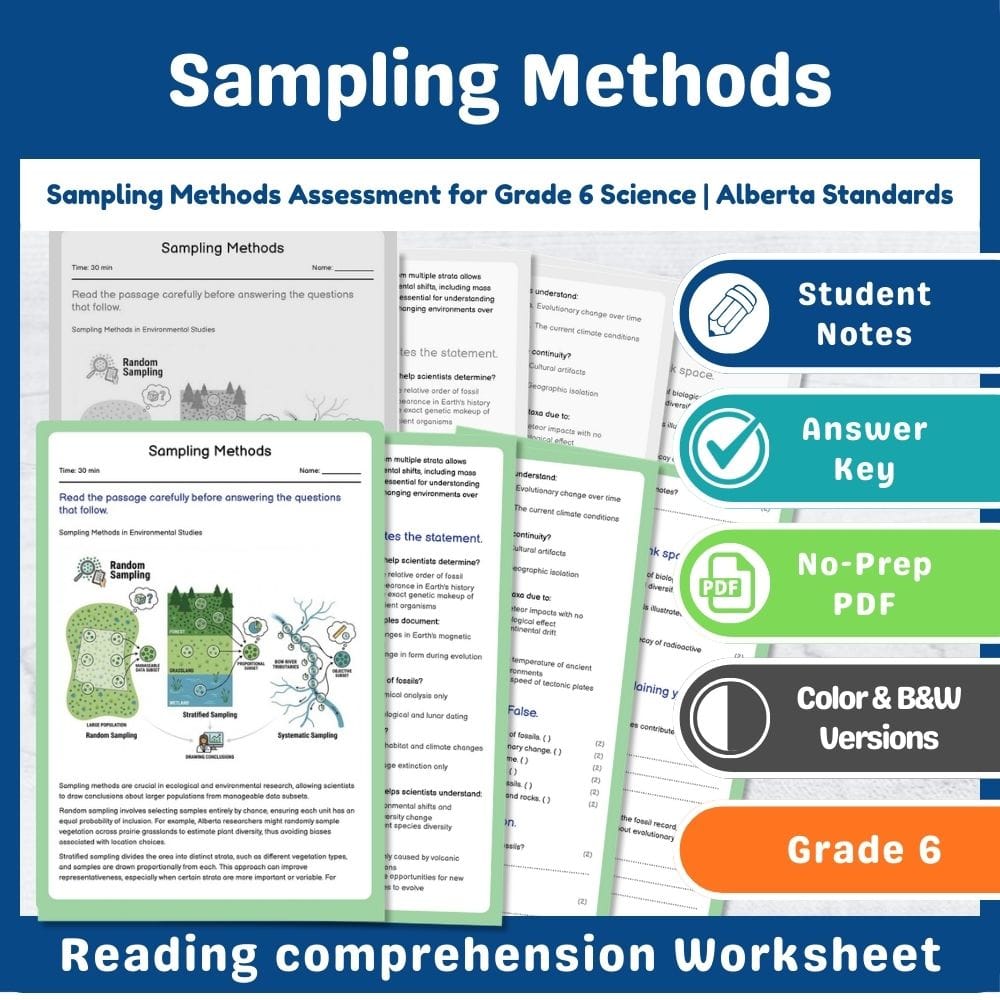 Grade 6 Science assessment worksheet — Sampling Methods Assessment for Grade 6 Science | Alberta Standards — page 1