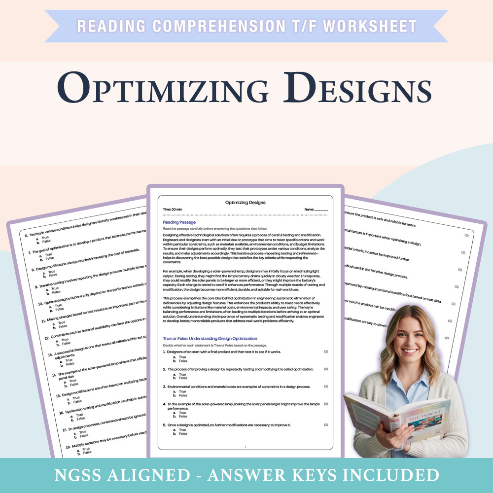 Science reading comprehensions true or false worksheet worksheet — 6th Grade Science | Optimizing Designs True/False Works…