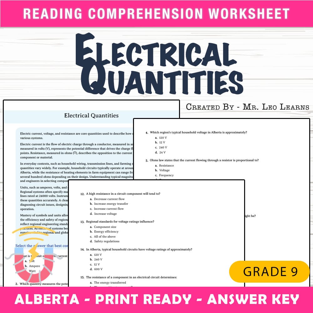 Grade 9 Science worksheet mcq paper worksheet — Grade 9 Science — Worksheet MCQ Paper for Electrical Quantities — page 1