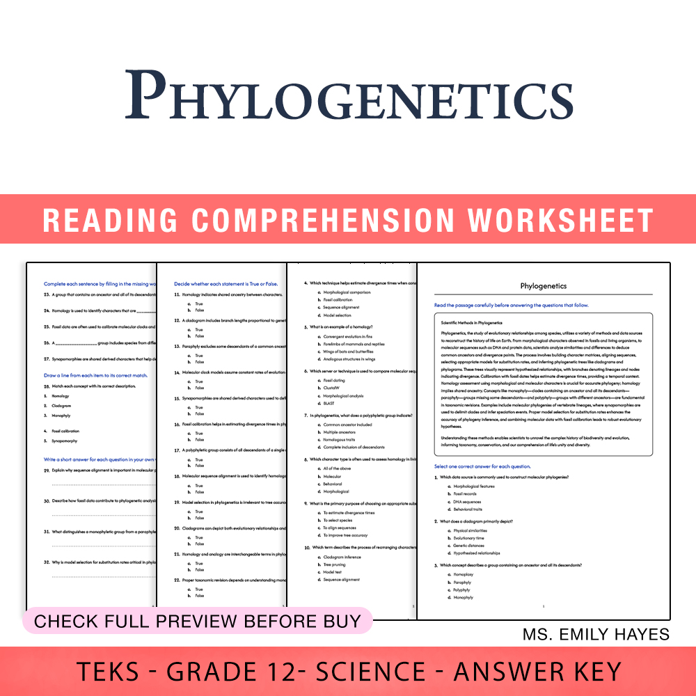 Grade 12 Science worksheet worksheet — 12th Grade Science | Phylogenetics Worksheet (PDF+ Answer Key) — page 1