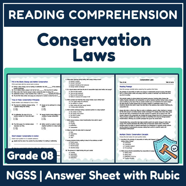 Grade 8 Science reading worksheets worksheet — 8th Grade Science | Conservation Laws Reading Worksheets (Answer Key) — page 1