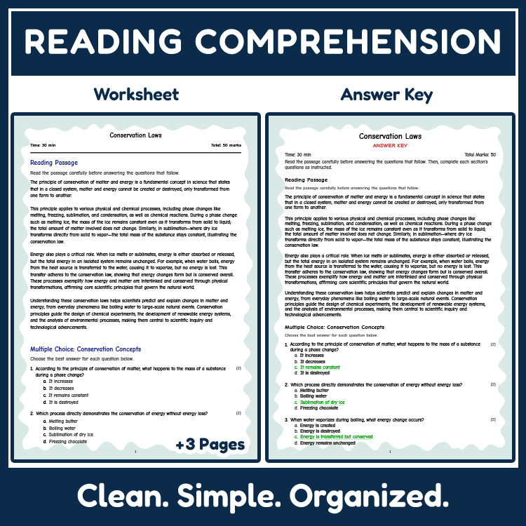 Grade 8 Science reading worksheets worksheet — 8th Grade Science | Conservation Laws Reading Worksheets (Answer Key) — page 2