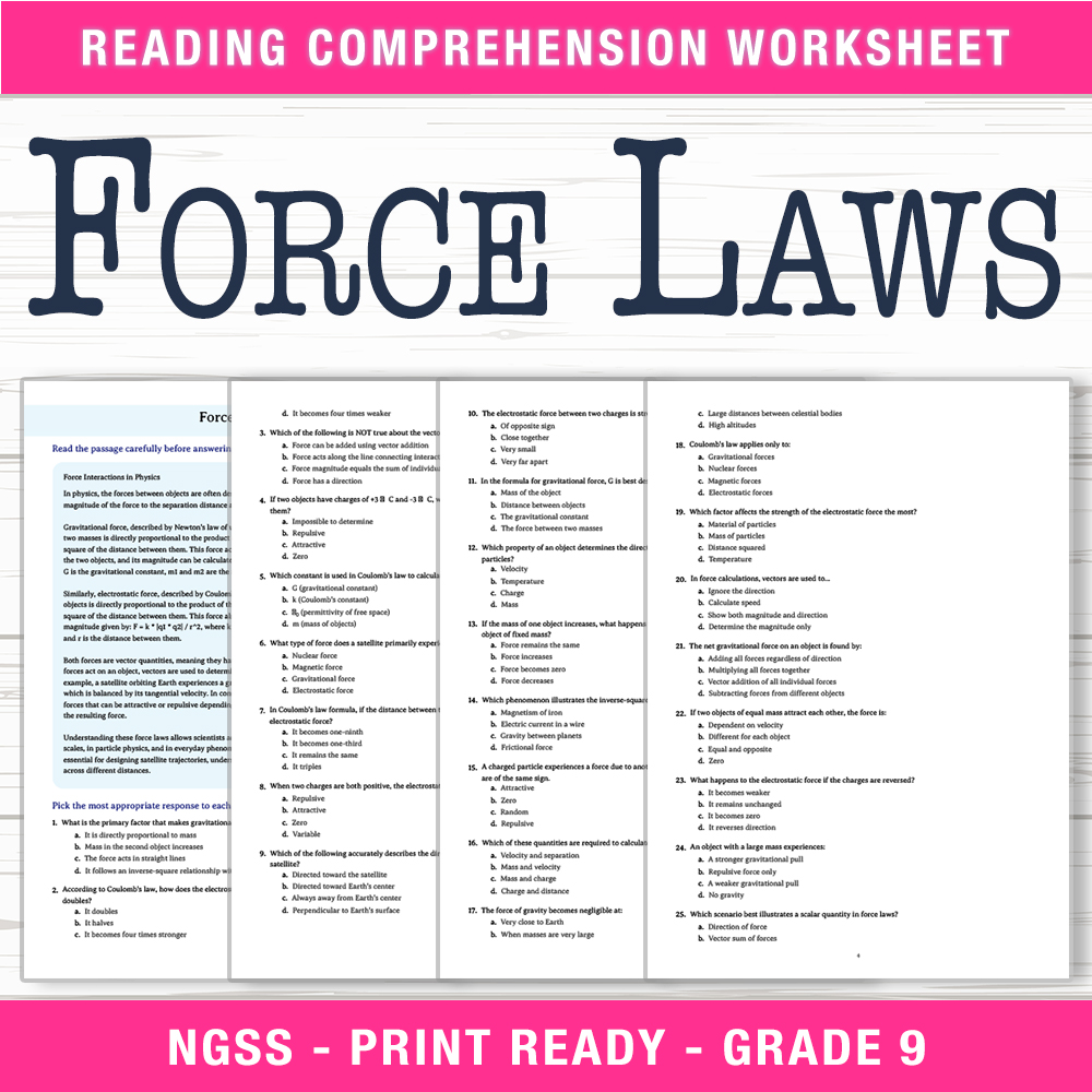 Grade 9 Science worksheet worksheet — Grade 9 Science – Force Laws Worksheet (PDF + Answer Key) — page 1