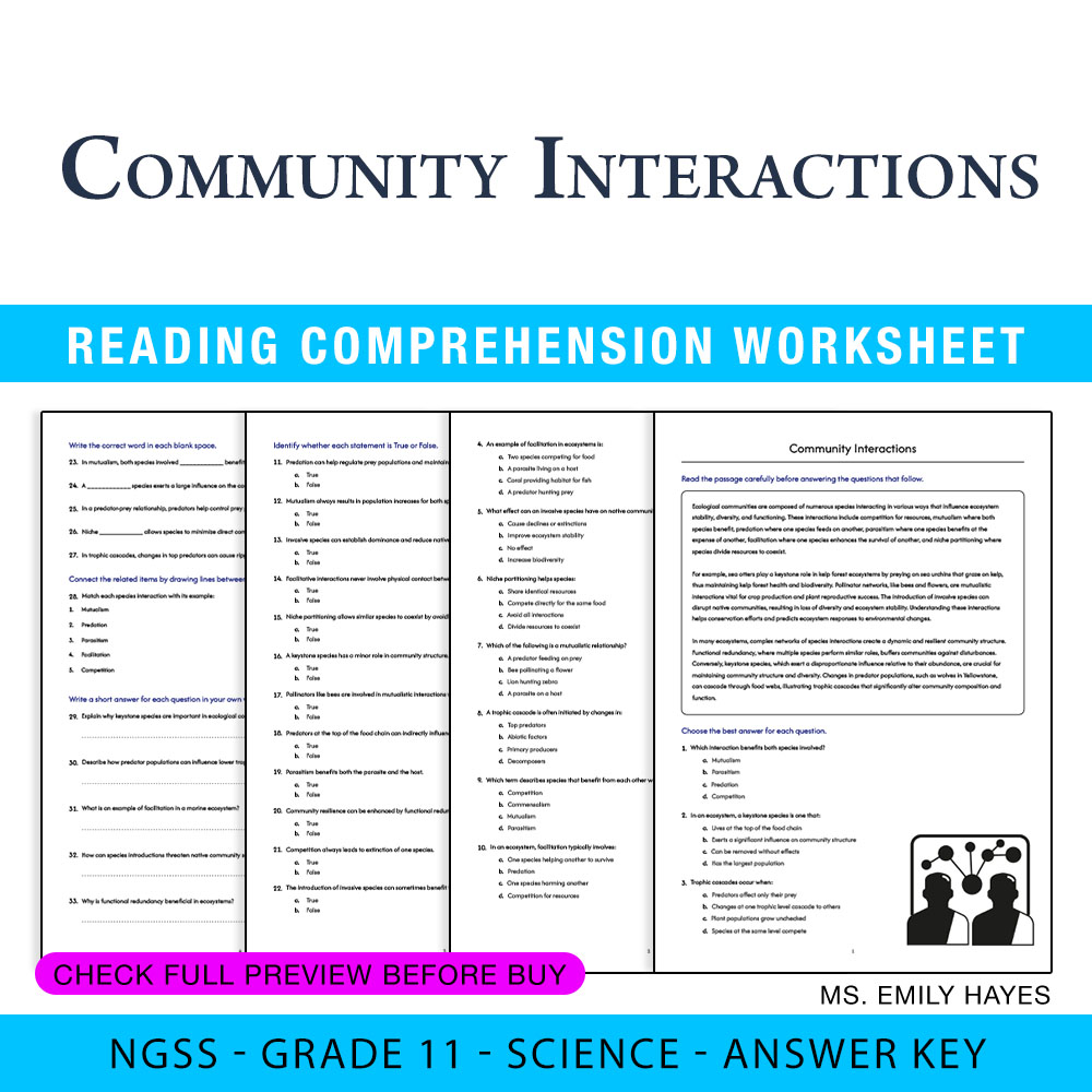 Grade 11 Science worksheet worksheet — 11th Grade Science | Community Interactions Worksheet (PDF+ Answer Key) — page 1