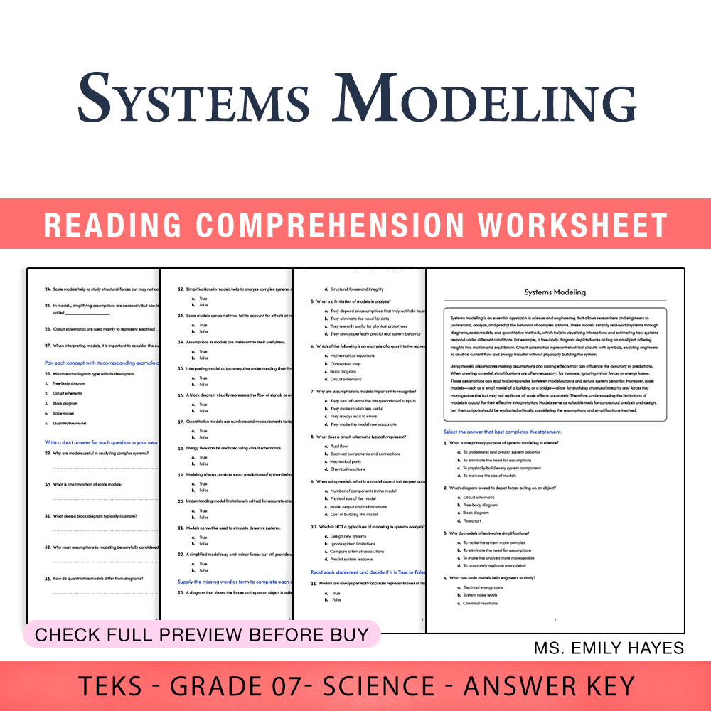Grade 7 Science worksheet worksheet — 7th Grade Science | Systems Modeling Worksheet (PDF+ Answer Key) — page 1