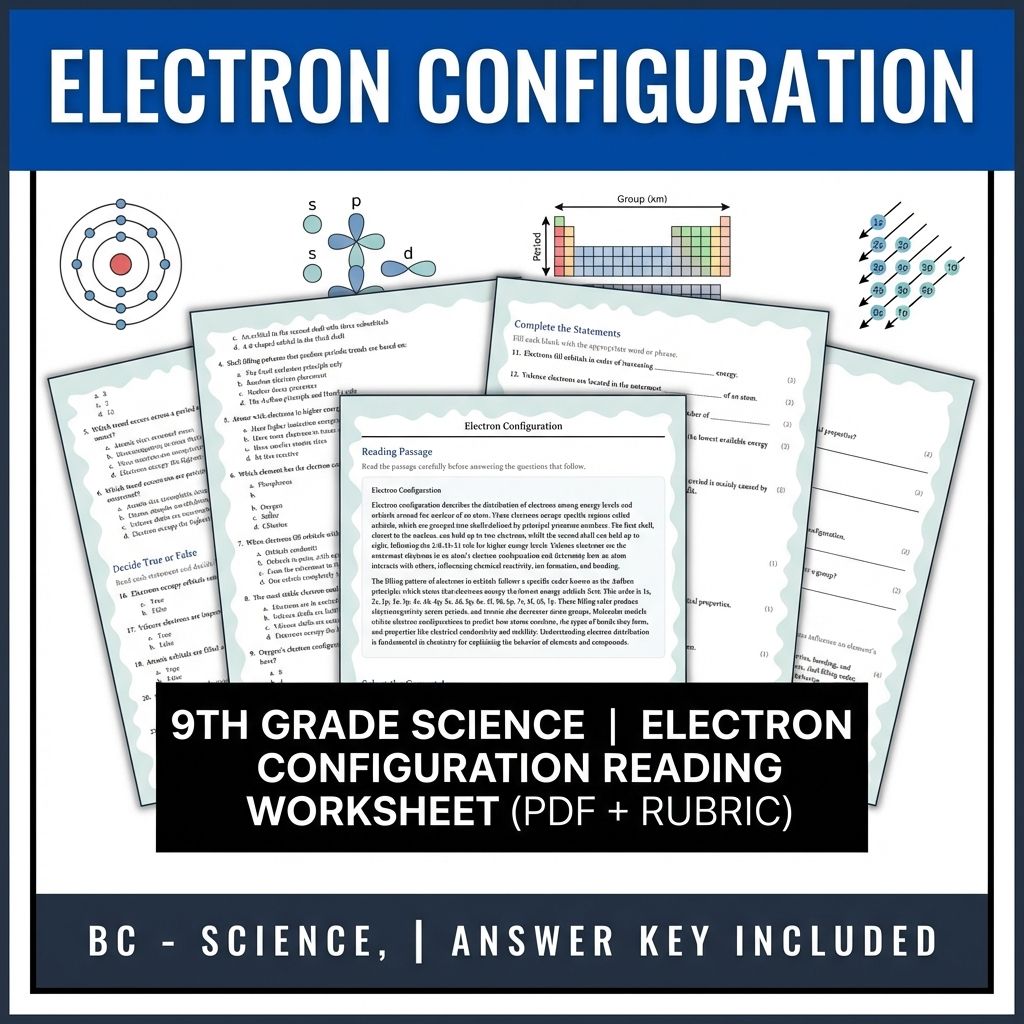 9th Grade Science | Electron Configuration Reading Worksheet (PDF + Rubric)