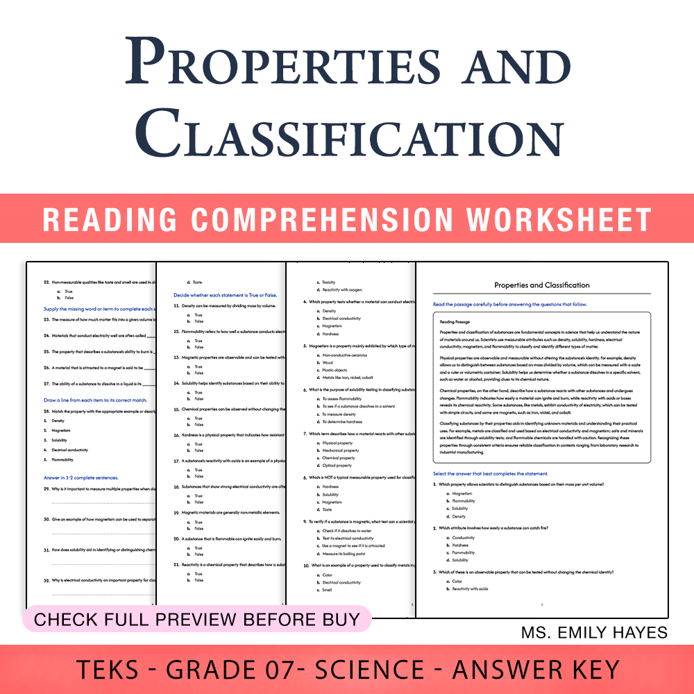 Grade 7 Science worksheet worksheet — 7th Grade Science | Properties and Classification Worksheet (PDF+ Answer Key) — page 1