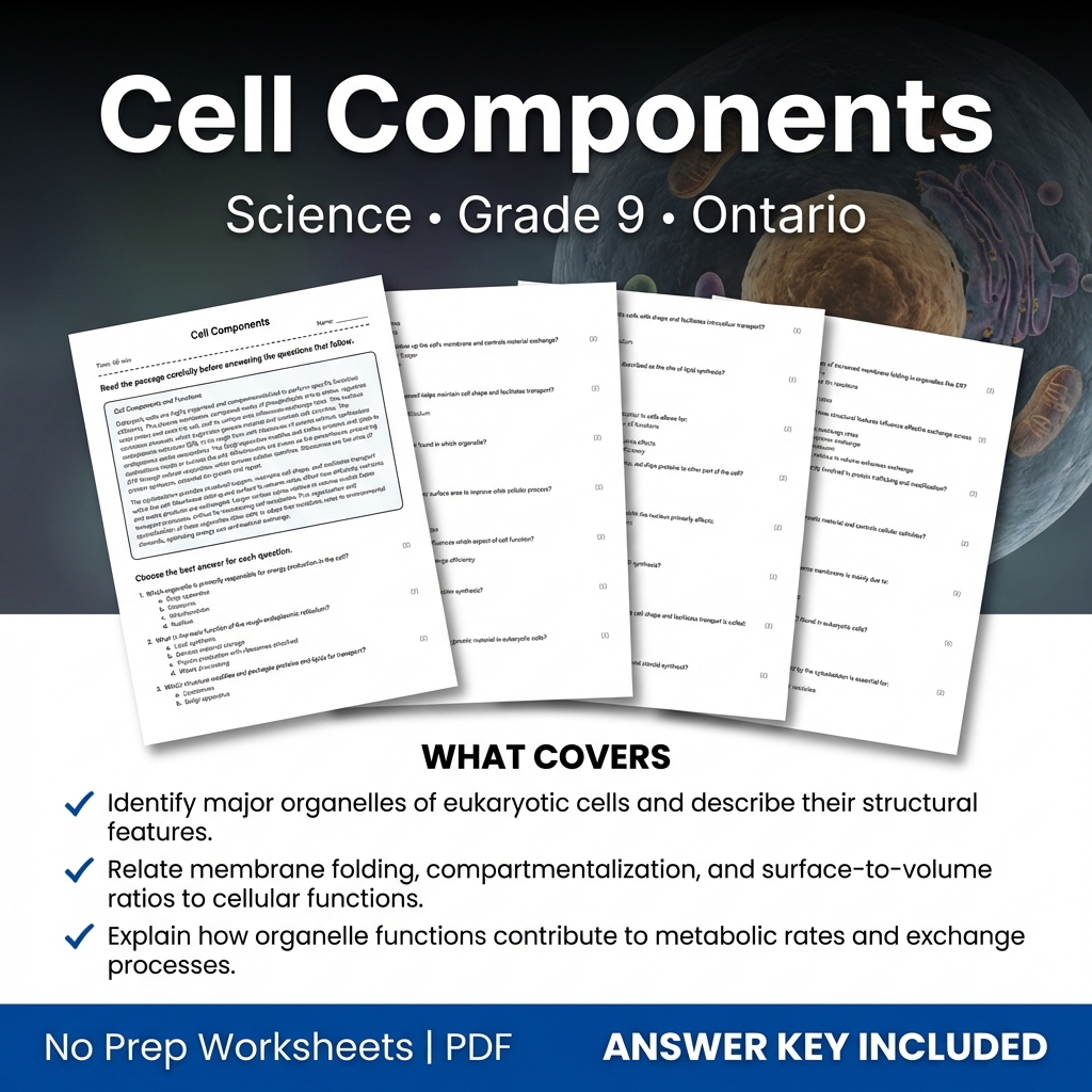 Cell Components Worksheet | Grade 9 Science | Ontario Standard