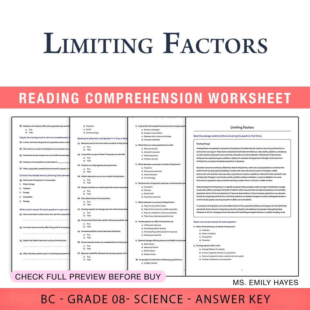 Grade 8 Science worksheet worksheet — 8th Grade Science | Limiting Factors Worksheet (PDF+ Answer Key) — page 1