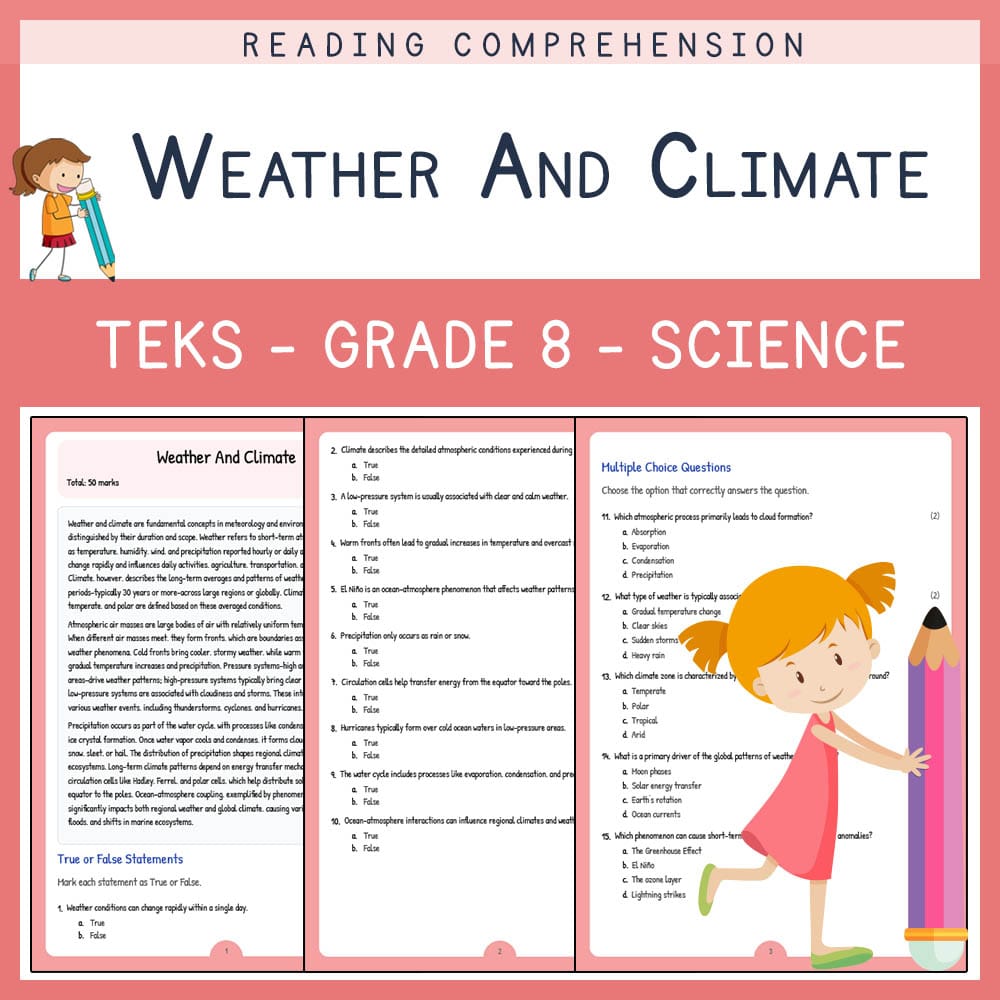 Grade 8 Science worksheet elena worksheet — Grade 8 Science | Weather and Climate Worksheet | TEKS-Aligned — page 1