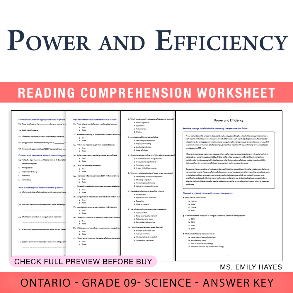 Grade 9 Science worksheet worksheet — Grade 9 Science | Power and Efficiency Worksheet (PDF + Answer Key) — page 1