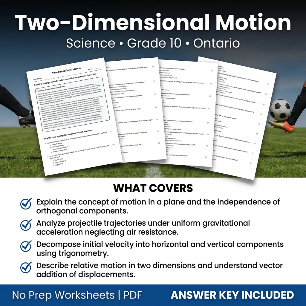 Grade 10 Science Worksheet on Two-Dimensional Motion | Ontario Standards