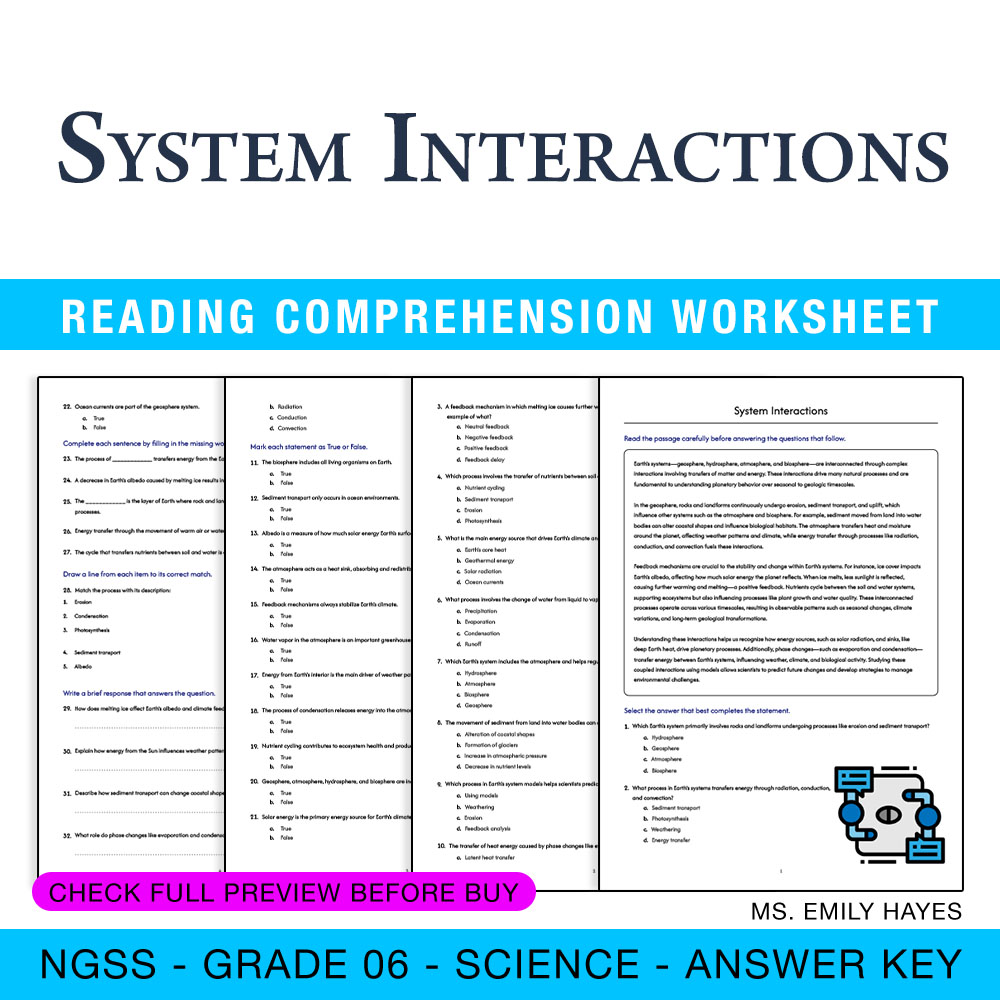 Grade 6 Science worksheet worksheet — 6th Grade Science | System Interactions Worksheet (PDF + Answer Key) — page 1