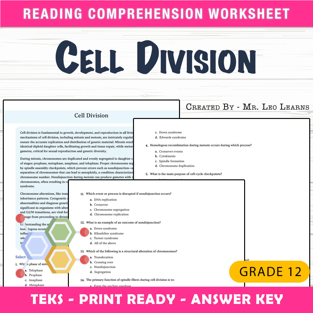 Grade 12 Science worksheet worksheet — Grade 12 Science – Cell Division Worksheet for Mastery — page 1