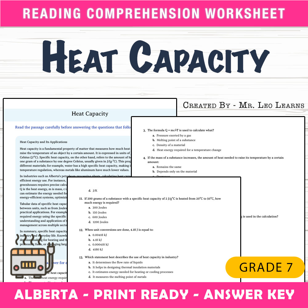 Grade 7 Science worksheet mcq paper worksheet — Grade 7 Science — Heat Capacity Worksheet MCQ Paper for Mastery — page 1