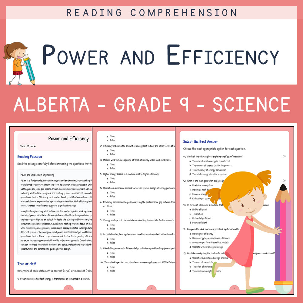 Grade 9 Science worksheet elena worksheet — Grade 9 Science | Power and Efficiency Worksheet | Alberta Standards — page 1