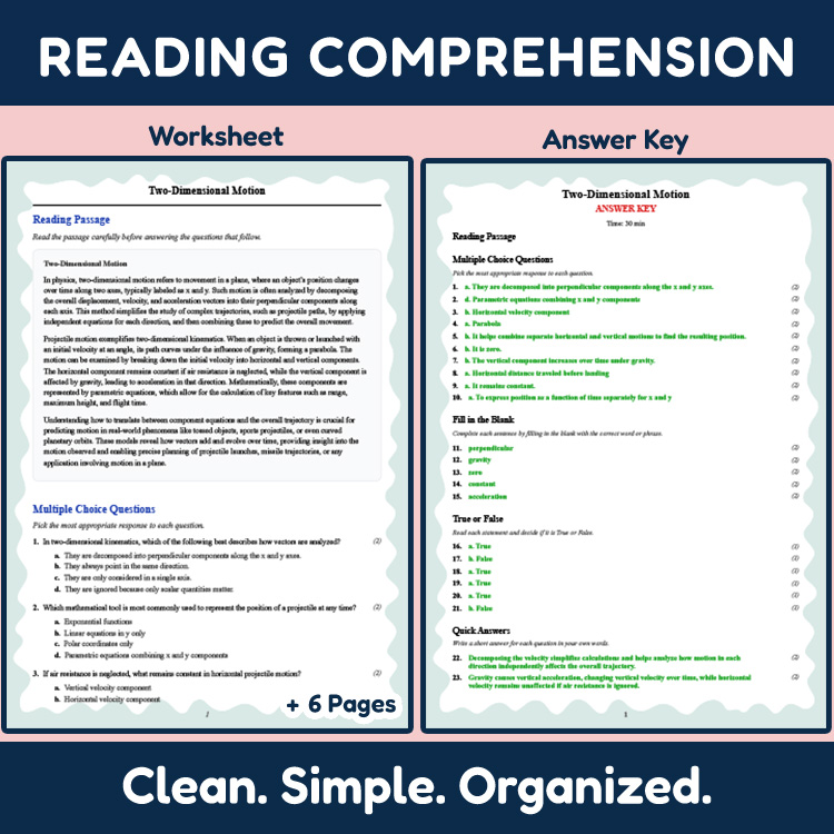 Grade 9 Science reading worksheets worksheet — 9th Grade Science | Two-Dimensional Motion Reading Worksheet (PDF + Rubric…