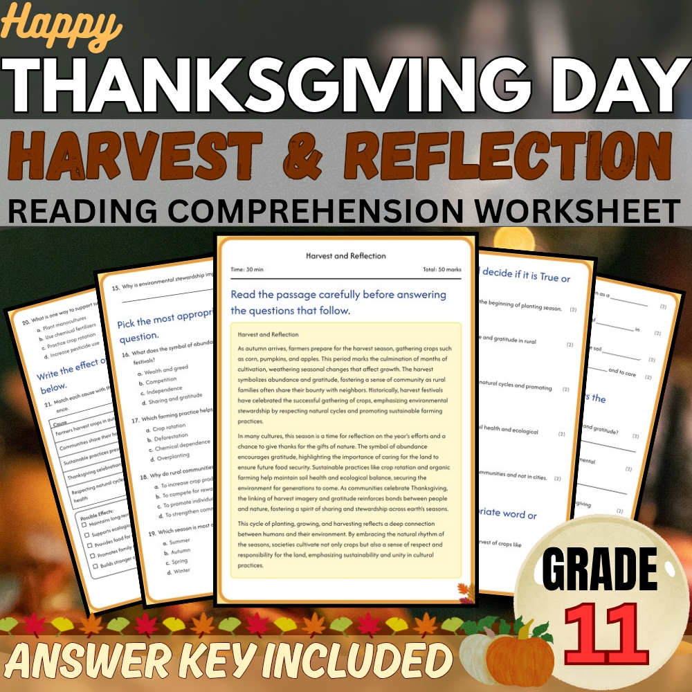 Grade 11| Happy Thanksgiving Worksheet for Reflection & Literacy |PDF+Answer Key