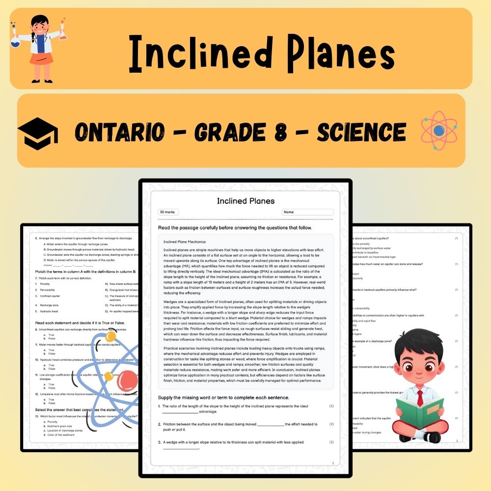 Grade 8 Science worksheet worksheet — Grade 8 Science – Inclined Planes Worksheet (PDF) | Ontario Standards — page 1