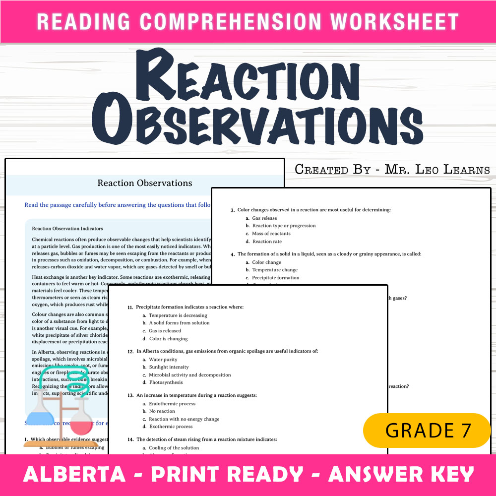 Grade 7 Science worksheet mcq paper worksheet — Grade 7 Science — Reaction Observations Worksheet MCQ Paper — page 1