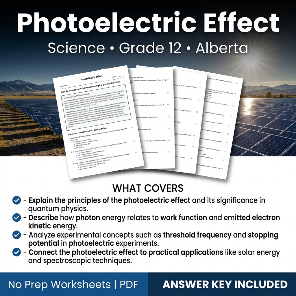 Photoelectric Effect Worksheet for Grade 12 Science | Alberta Standards