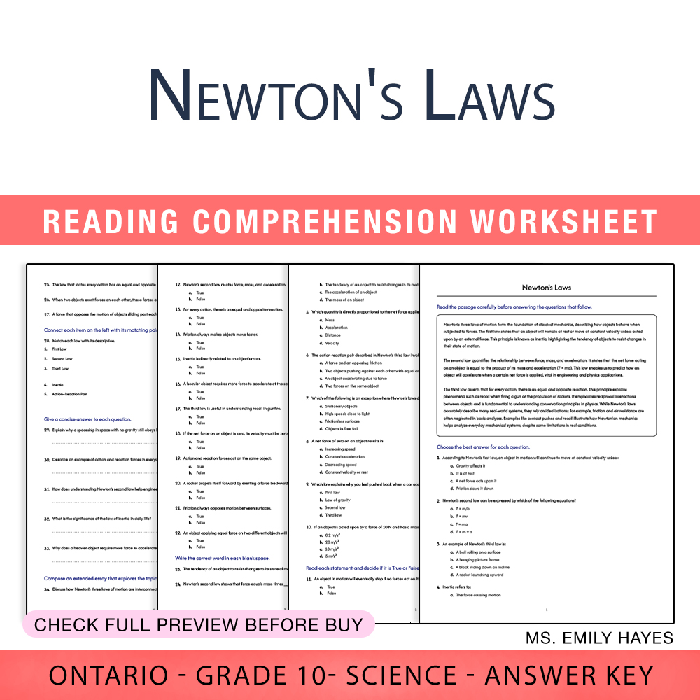 Grade 10 Science worksheet worksheet — 10th Grade Science | Newton's Laws Worksheet (PDF + Answer Key) — page 1