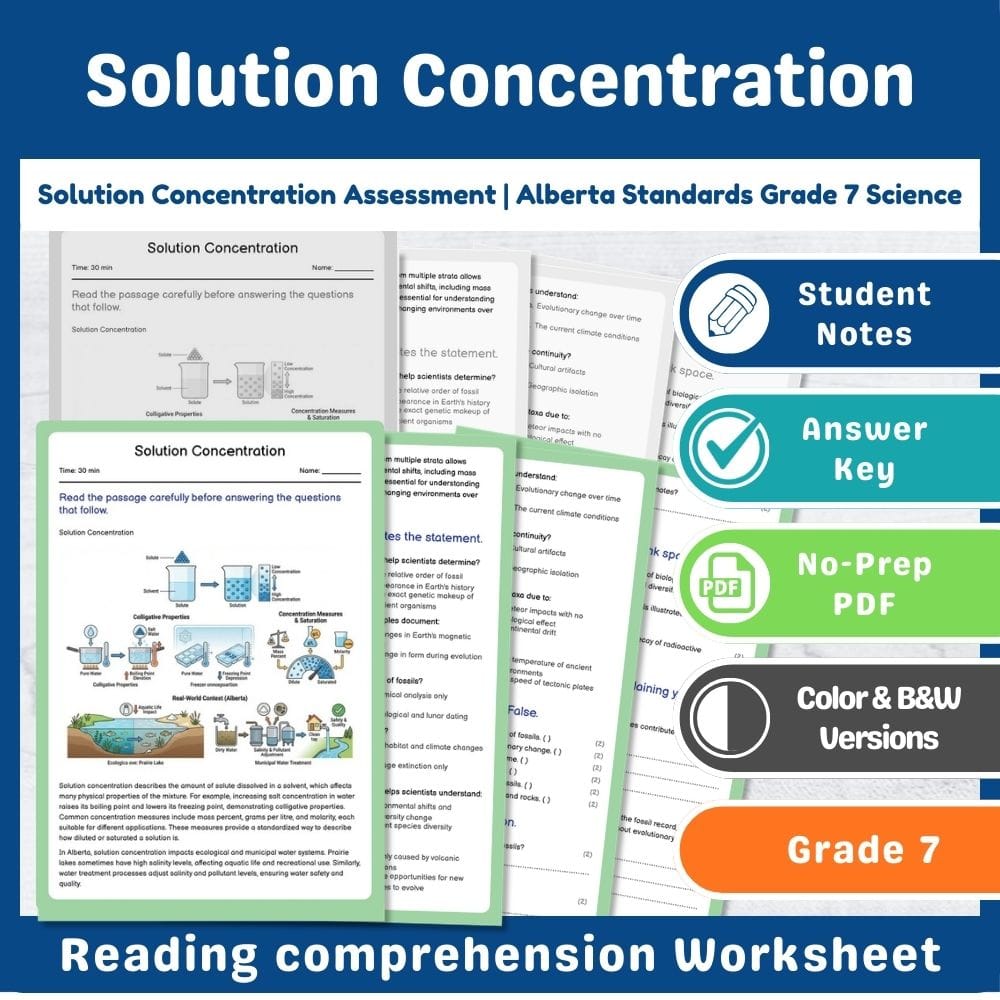 Grade 7 Science assessment worksheet — Solution Concentration Assessment | Alberta Standards Grade 7 Science — page 1