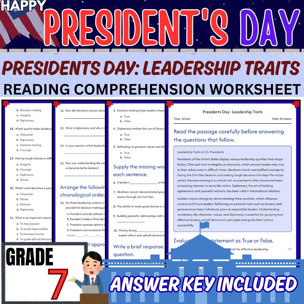Grade 7 Seasonal Unit | Presidents Day Worksheets Pack (Answer Key Included) — included worksheet 5