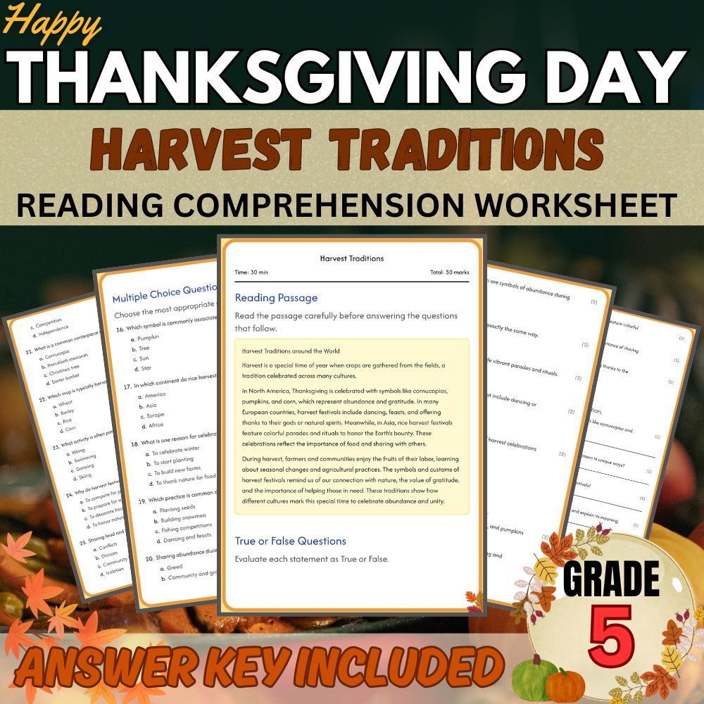 Grade 5 Seasonal Worksheets Bundle| Thanksgiving & Harvest Traditions Activities — included worksheet 5