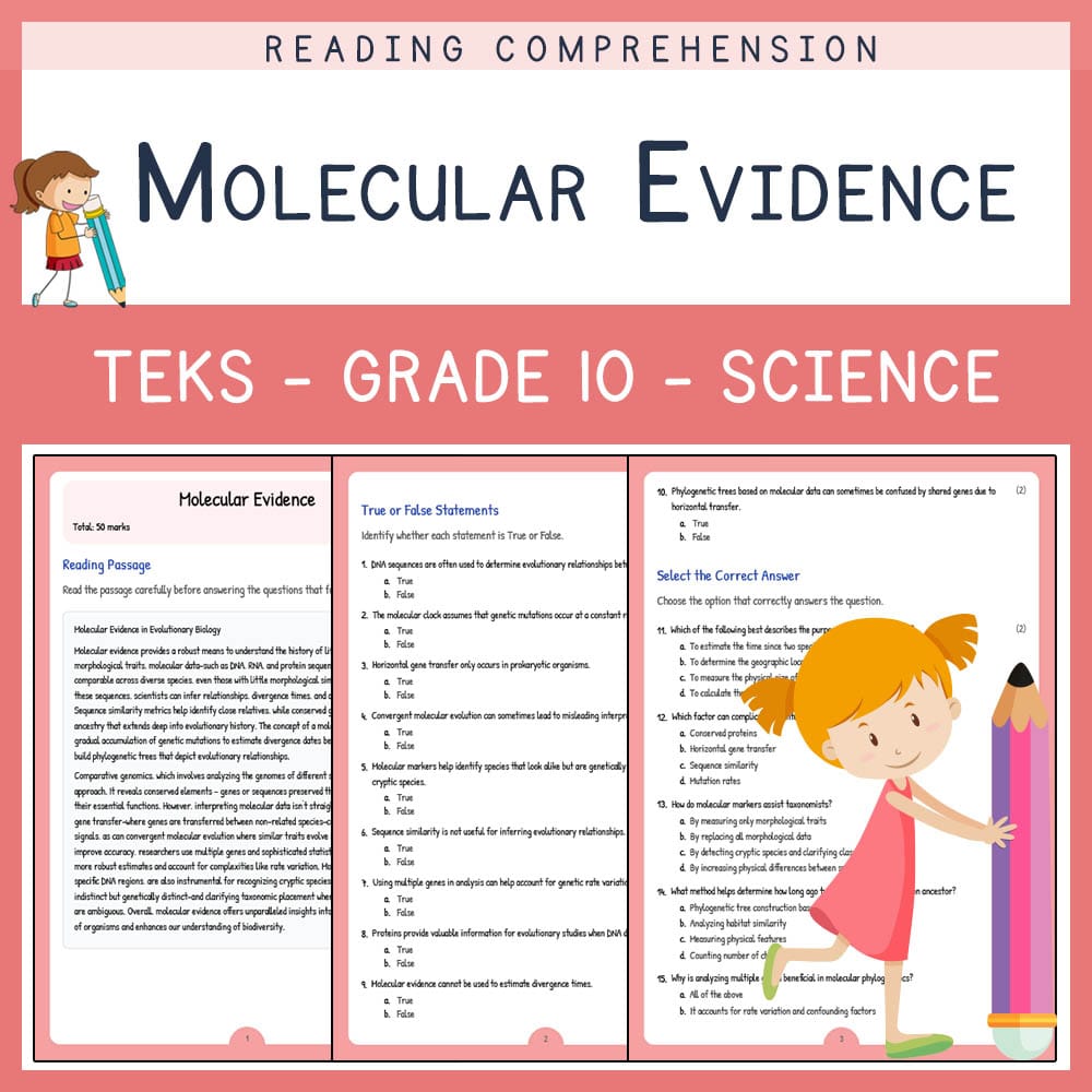 Grade 10 Science worksheet elena worksheet — Grade 10 Science | Molecular Evidence Worksheet | TEKS Aligned — page 1