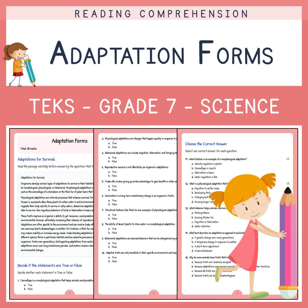 Grade 7 Science worksheet elena worksheet — Grade 7 Science | Adaptation Forms Worksheet | TEKS Aligned — page 1